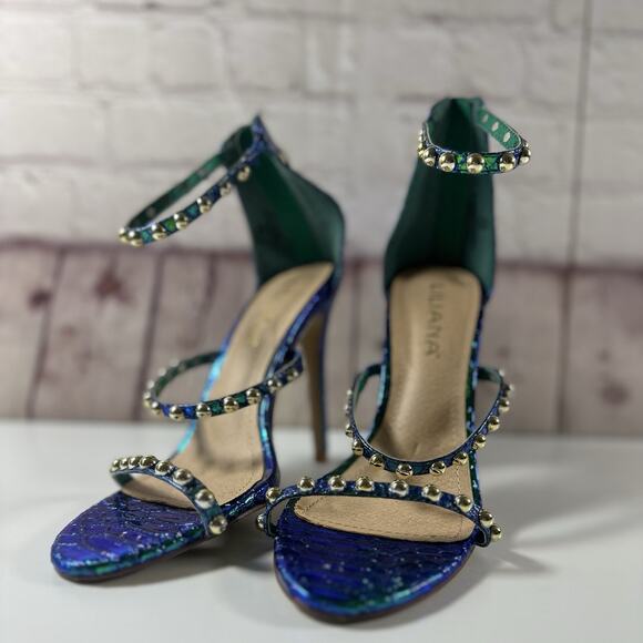 Liliana Strappy Stiletto Heels – Mermaid Print Metallic Blue Green – Size 7.5 - Picture 1 of 6